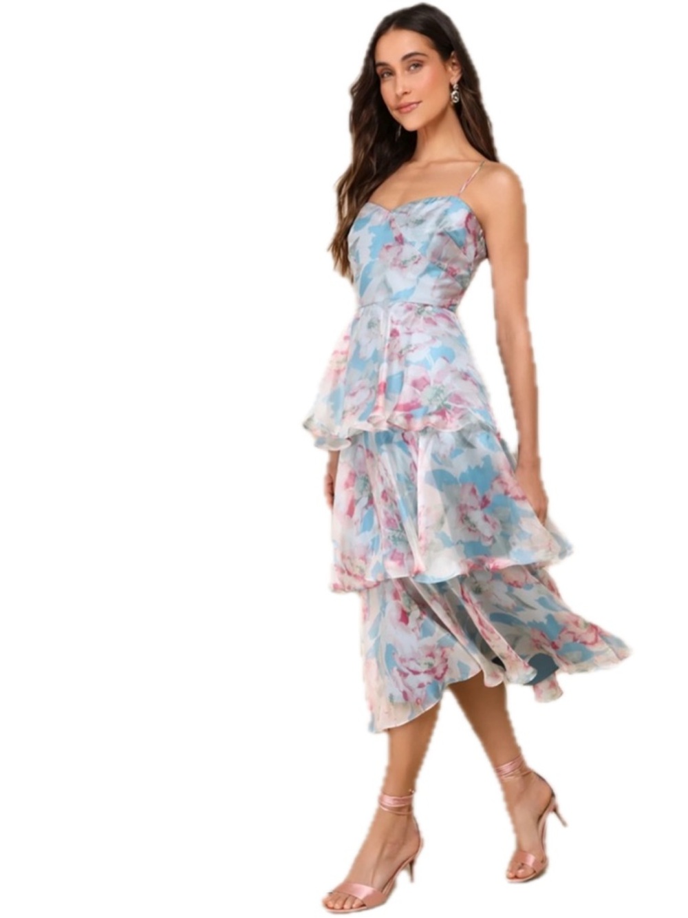 Lulus Floral Darling Blue Organza Tiered Midi Dress XL NWOT Tags - Picture 2 of 9